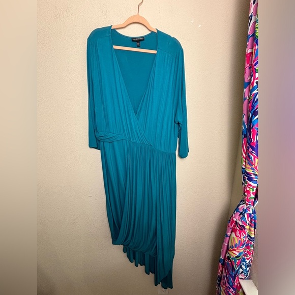 Lane Bryant Teal Blue Asymmetrical Hem Surplice Faux Wrap Midi Dress 22/24 - Picture 2 of 11